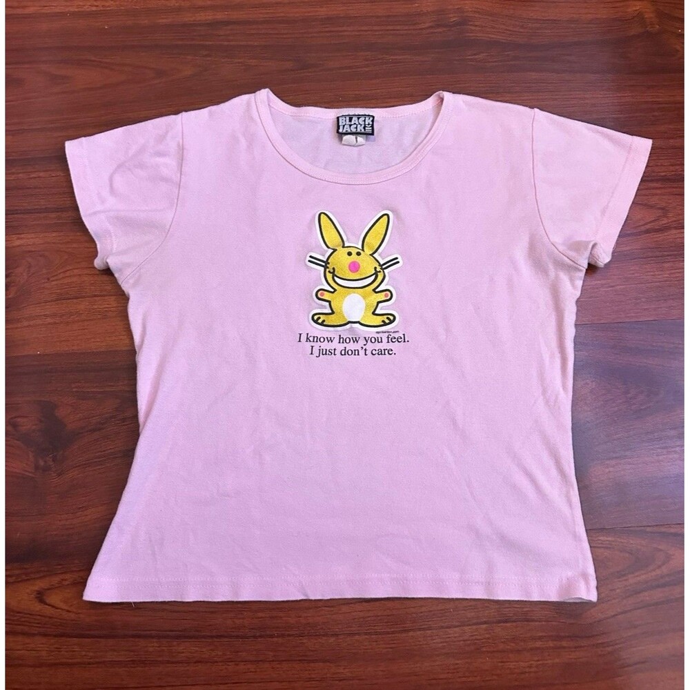 VTG Happy Bunny T Shirt Pink Womens L Y2K Scene Glitter Jim Benton Black Jack